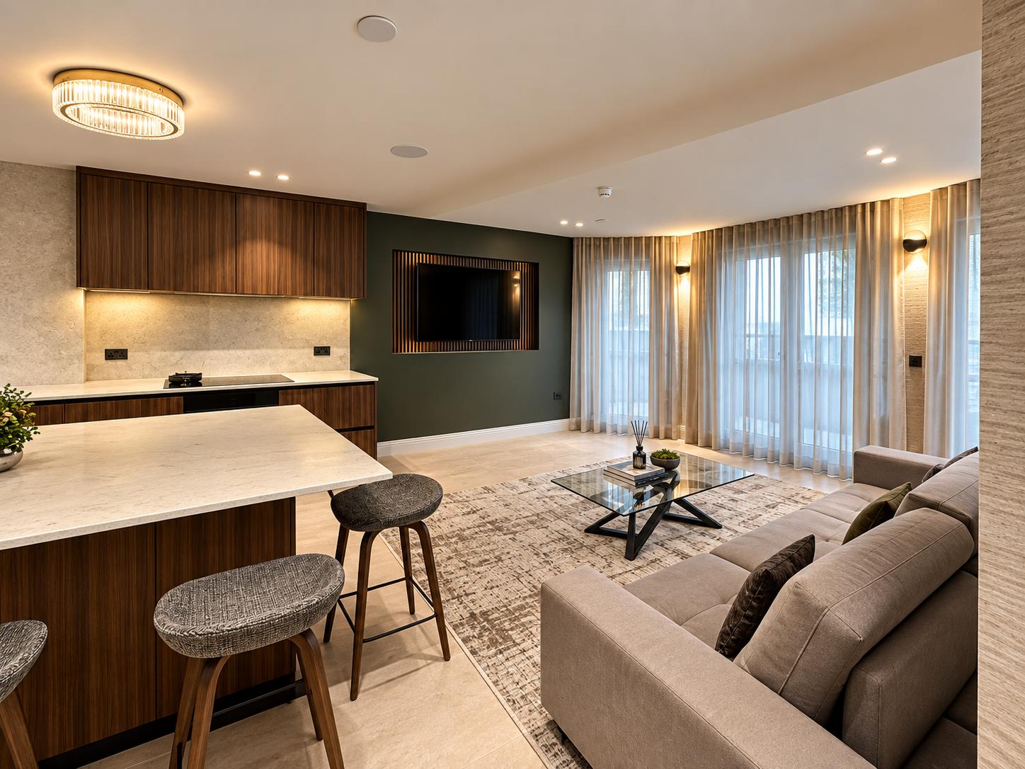Finished kitchen and living room at Hyde Park Gate