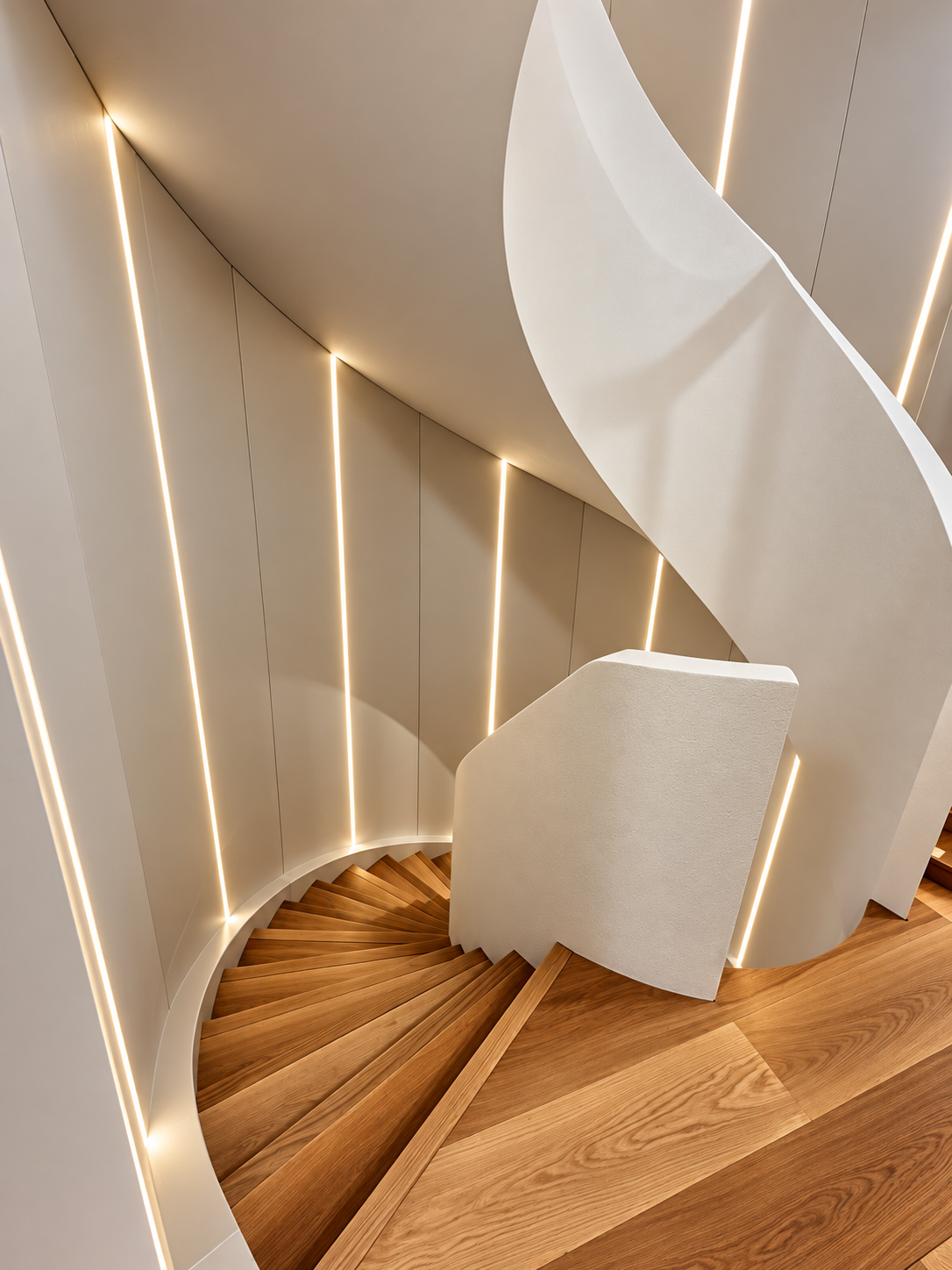Sculptural curved staircase with integrated LED lighting