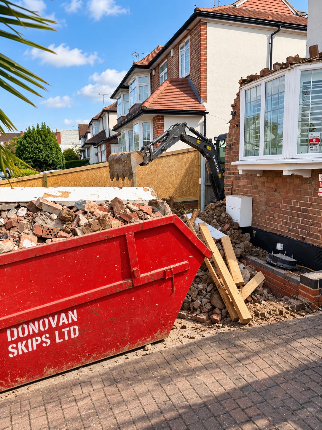 Excavator breaking out the bay window with rubble in the skip