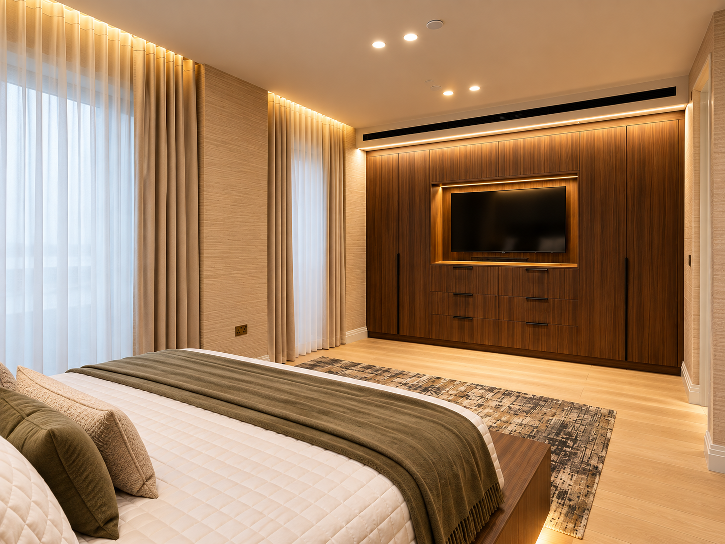 Bedroom with timber media wall and wardrobe cabinets