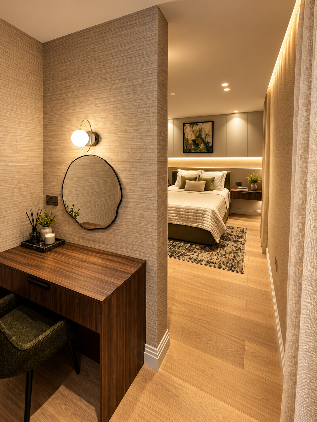 Dressing area with round mirror looking through to the bedroom