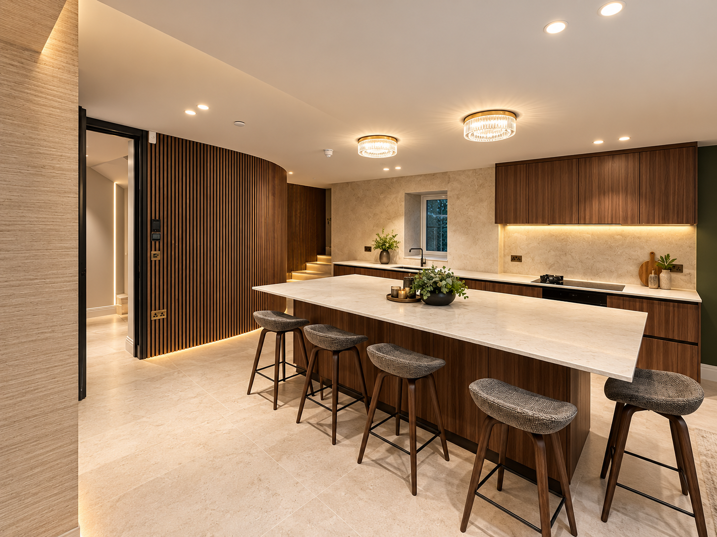 Bespoke walnut kitchen with curved island and stone worktop