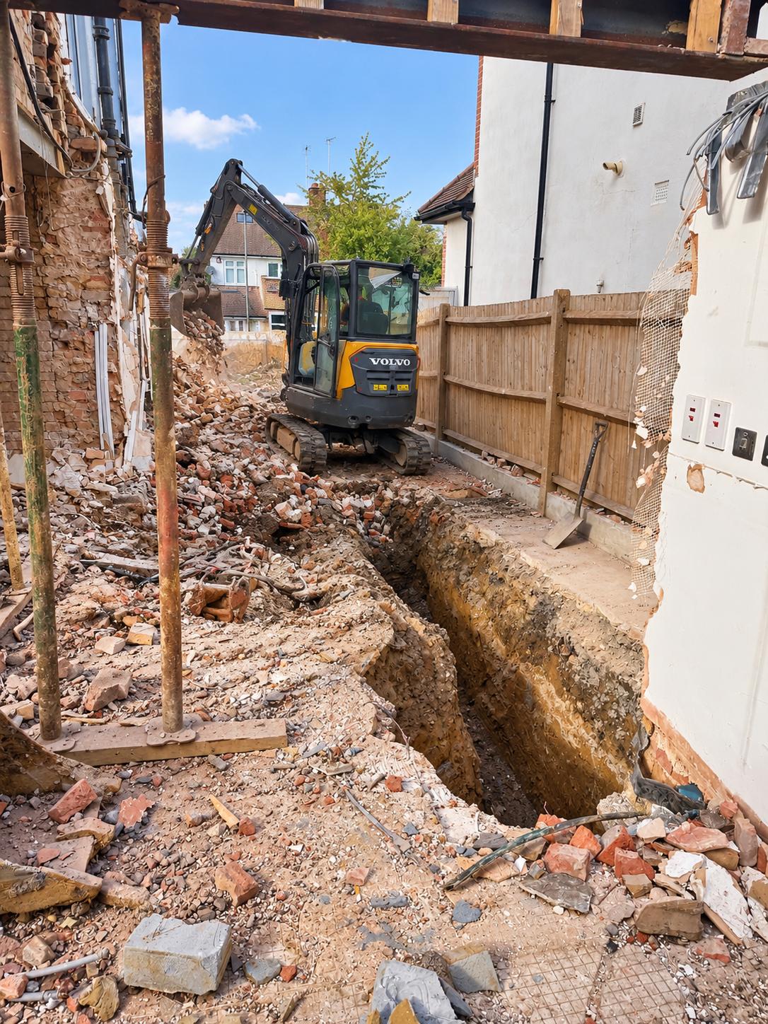 Foundations trench dug beside the house for the new extension