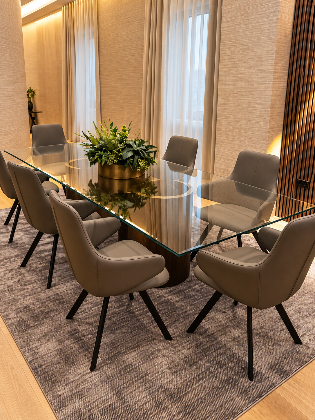 Glass dining table with six upholstered chairs